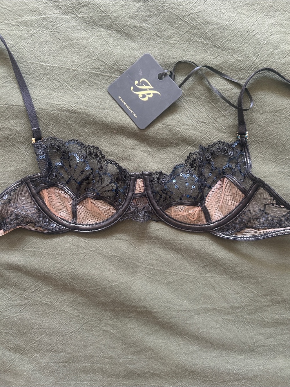 Honey Birdette Black Lace and Nude Mesh Underwire Bra with Sequins